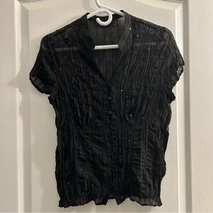 Medium Black Sequin Short-Sleeve Sheer Button Front Blouse